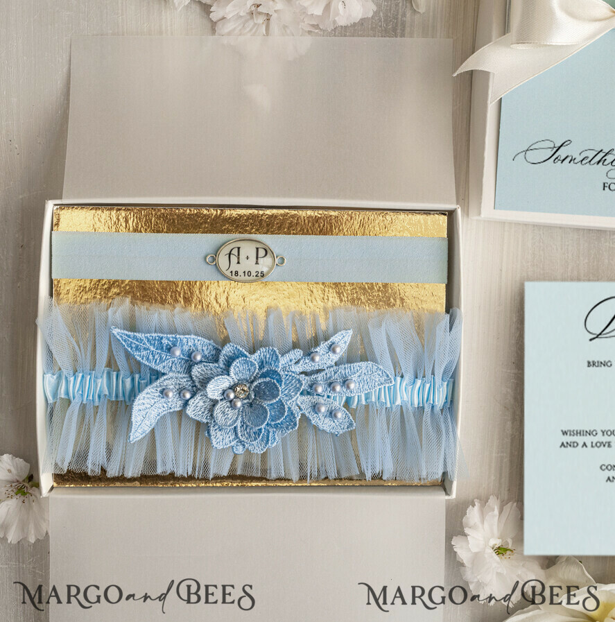 BRIDE bolero, robes, garter GARTER FOR BRIDE Set of Two gartes, personalised wedding garter in box, something blue tulle garter & personalised toss set, garter for bride,