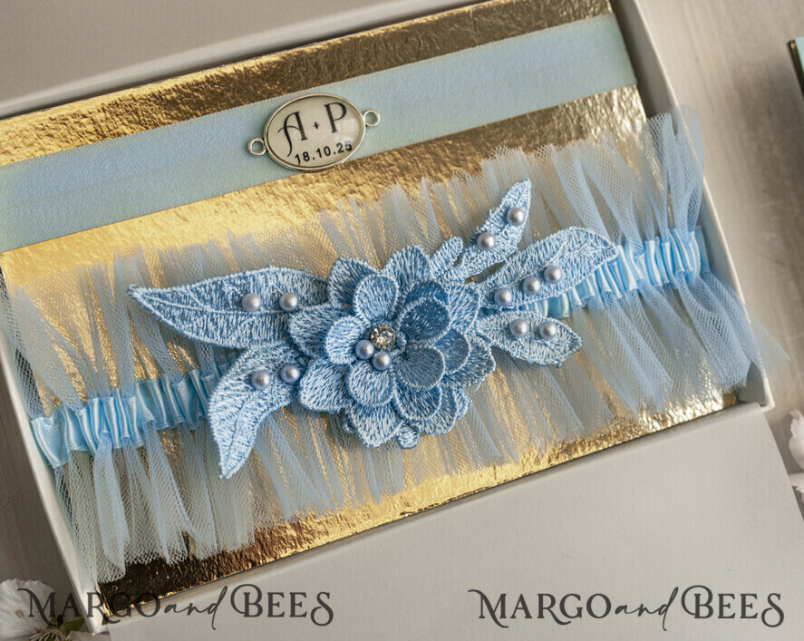 BRIDE bolero, robes, garter GARTER FOR BRIDE Set of Two gartes, personalised wedding garter in box, something blue tulle garter & personalised toss set, garter for bride,