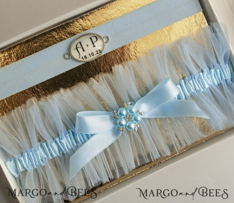 BRIDE bolero, robes, garter GARTER FOR BRIDE Set of Two gartes, personalised wedding garter in box, something blue tulle garter & personalised toss set, garter for bride,