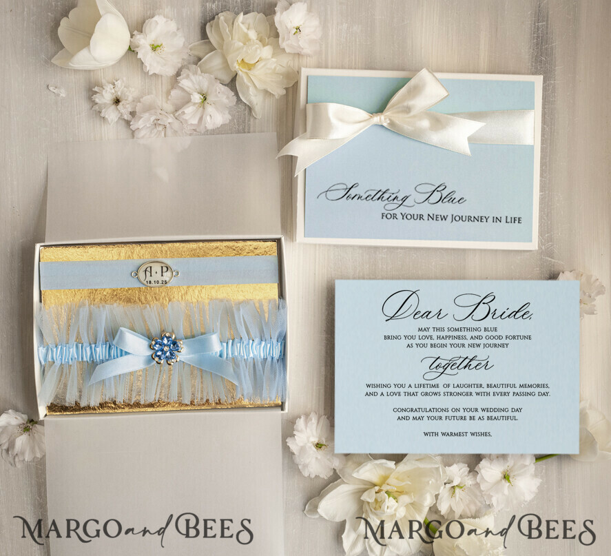 BRIDE bolero, robes, garter GARTER FOR BRIDE Set of Two gartes, personalised wedding garter in box, something blue tulle garter & personalised toss set, garter for bride,