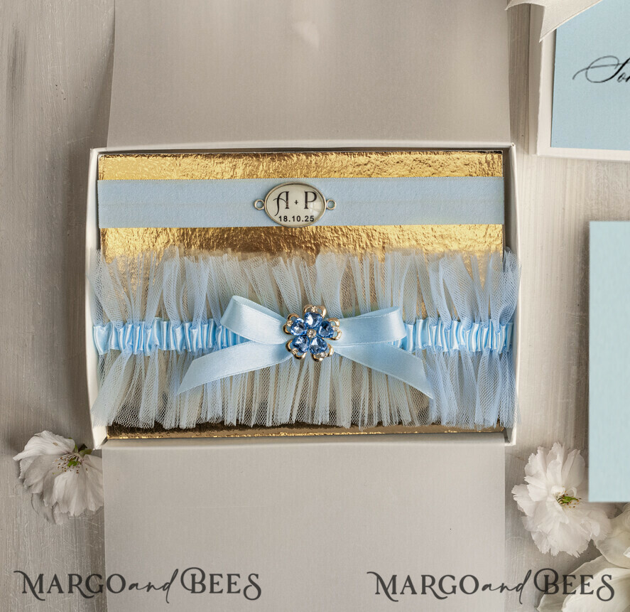 BRIDE bolero, robes, garter GARTER FOR BRIDE Set of Two gartes, personalised wedding garter in box, something blue tulle garter & personalised toss set, garter for bride,