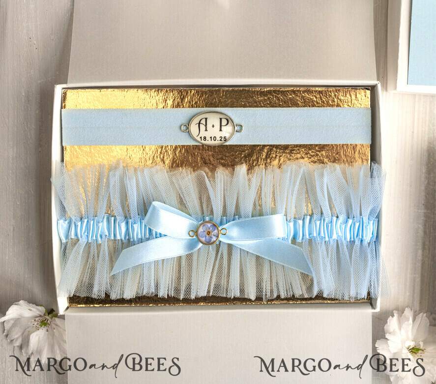 BRIDE bolero, robes, garter GARTER FOR BRIDE Set of Two gartes, personalised wedding garter in box, something blue tulle garter & personalised toss set, garter for bride,