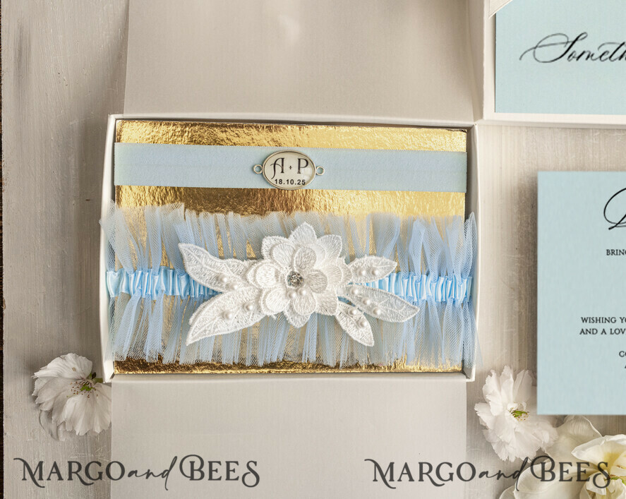 BRIDE bolero, robes, garter GARTER FOR BRIDE Set of Two gartes, personalised wedding garter in box, something blue tulle garter & personalised toss set, garter for bride,