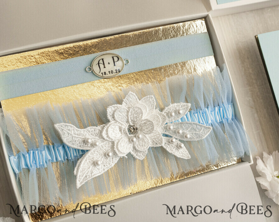 BRIDE bolero, robes, garter GARTER FOR BRIDE Set of Two gartes, personalised wedding garter in box, something blue tulle garter & personalised toss set, garter for bride,