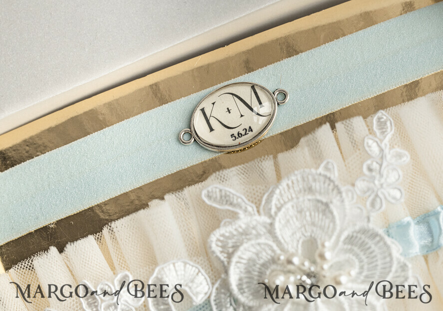 Set of Two gartes, personalised wedding garter in box, something blue tulle  lace garter & personalised toss set, garter for bride, bridal shower gift