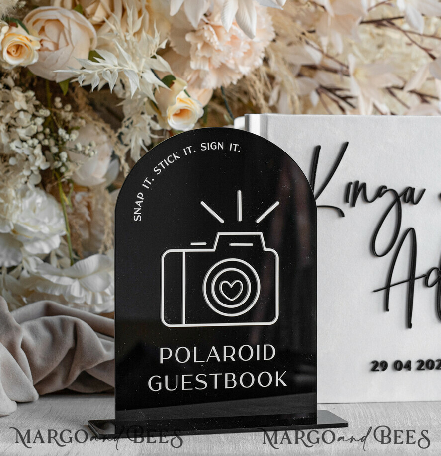 gloss black Acrylic sign Our guestbook Sign, Arch Instax Guestbook Sign,  Black Plexi Photobook Sign Our guestbook, Wedding Signage Polaroid Guestbook  Sign with stand