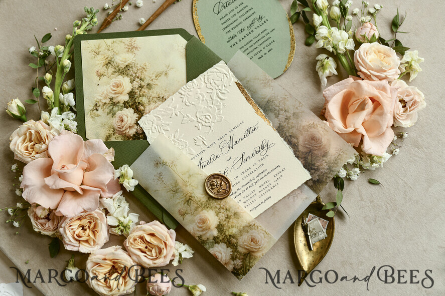 WEDDING INVITATIONS embossed invites  Wedding Invitation, Golden deboss Roses Floral Wedding Invitation, 