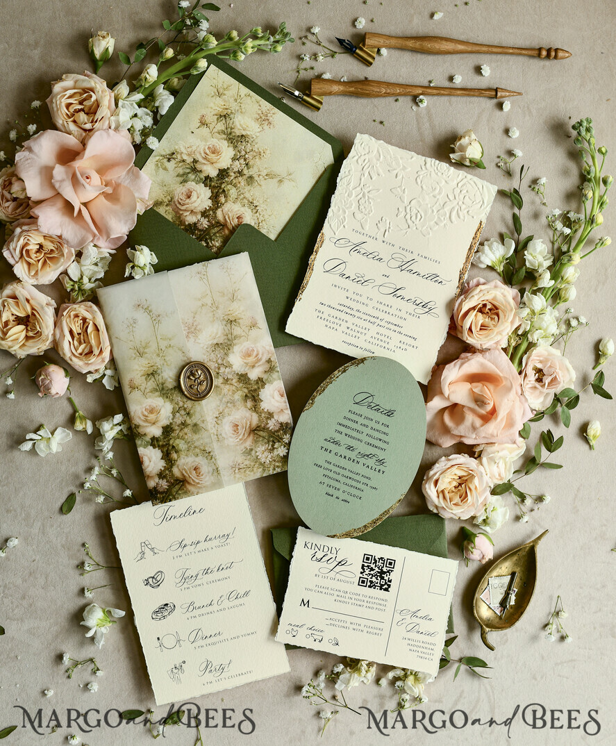 WEDDING INVITATIONS embossed invites  Wedding Invitation, Golden deboss Roses Floral Wedding Invitation, 
