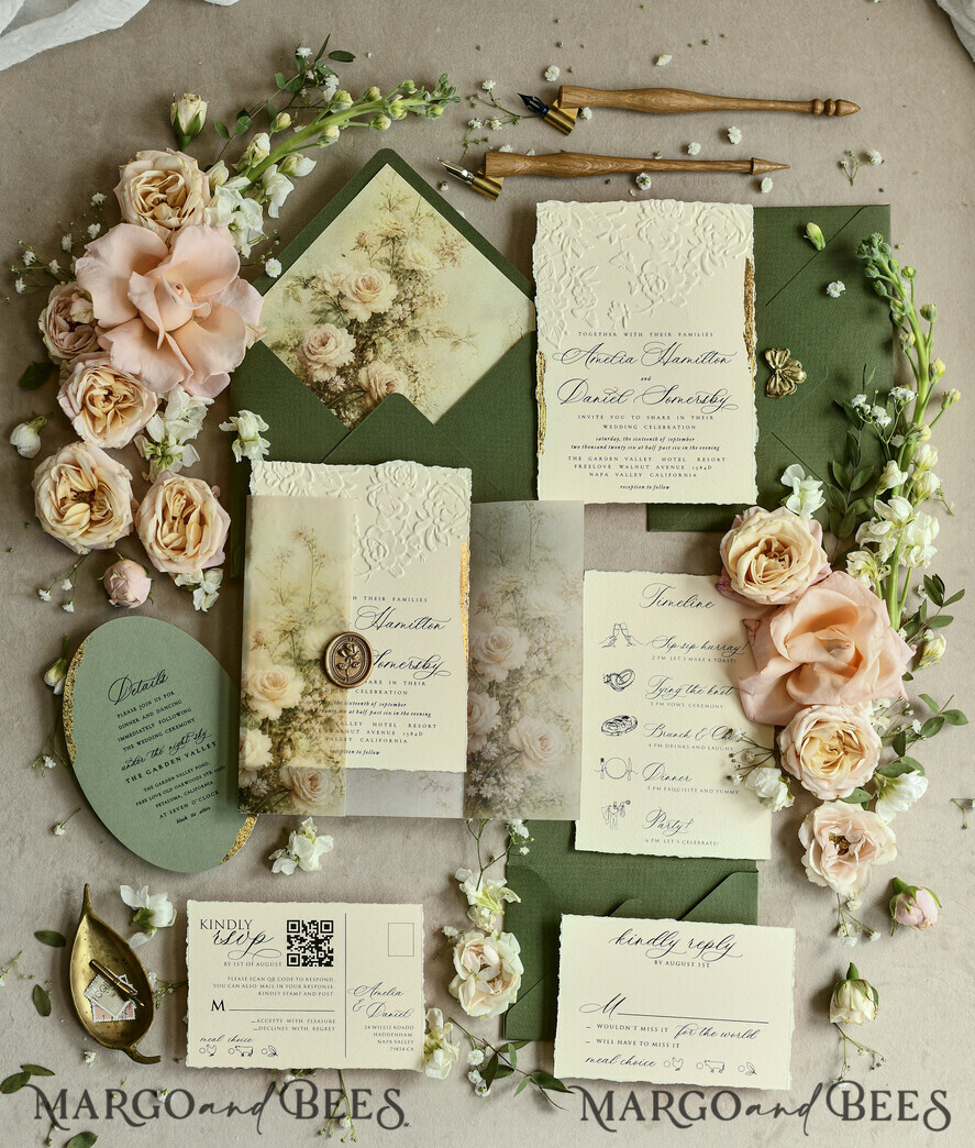 WEDDING INVITATIONS embossed invites  Wedding Invitation, Golden deboss Roses Floral Wedding Invitation, 