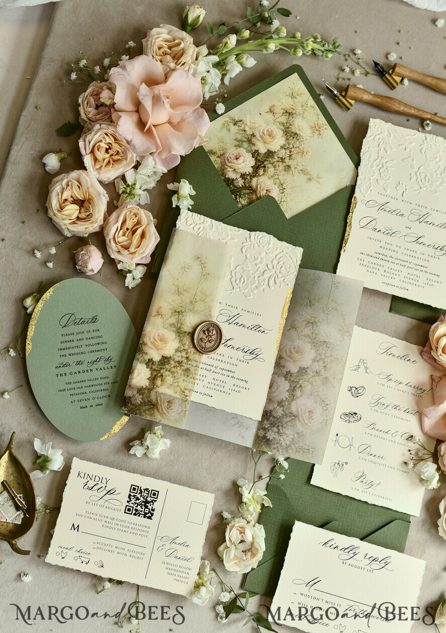 WEDDING INVITATIONS embossed invites  Wedding Invitation, Golden deboss Roses Floral Wedding Invitation, 