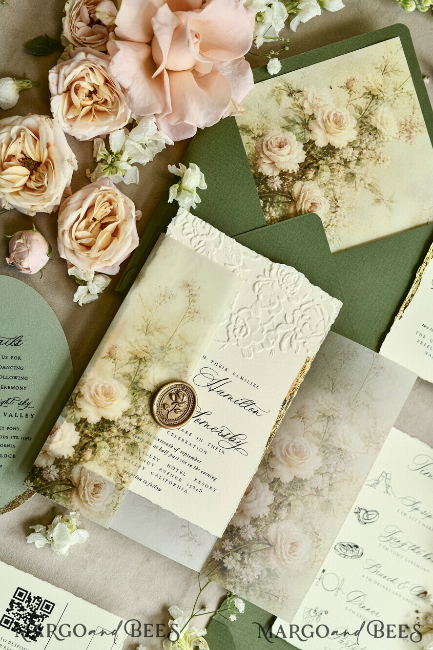 WEDDING INVITATIONS embossed invites  Wedding Invitation, Golden deboss Roses Floral Wedding Invitation, 