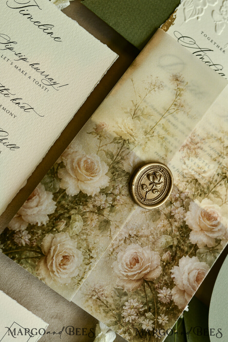 WEDDING INVITATIONS embossed invites  Wedding Invitation, Golden deboss Roses Floral Wedding Invitation, 