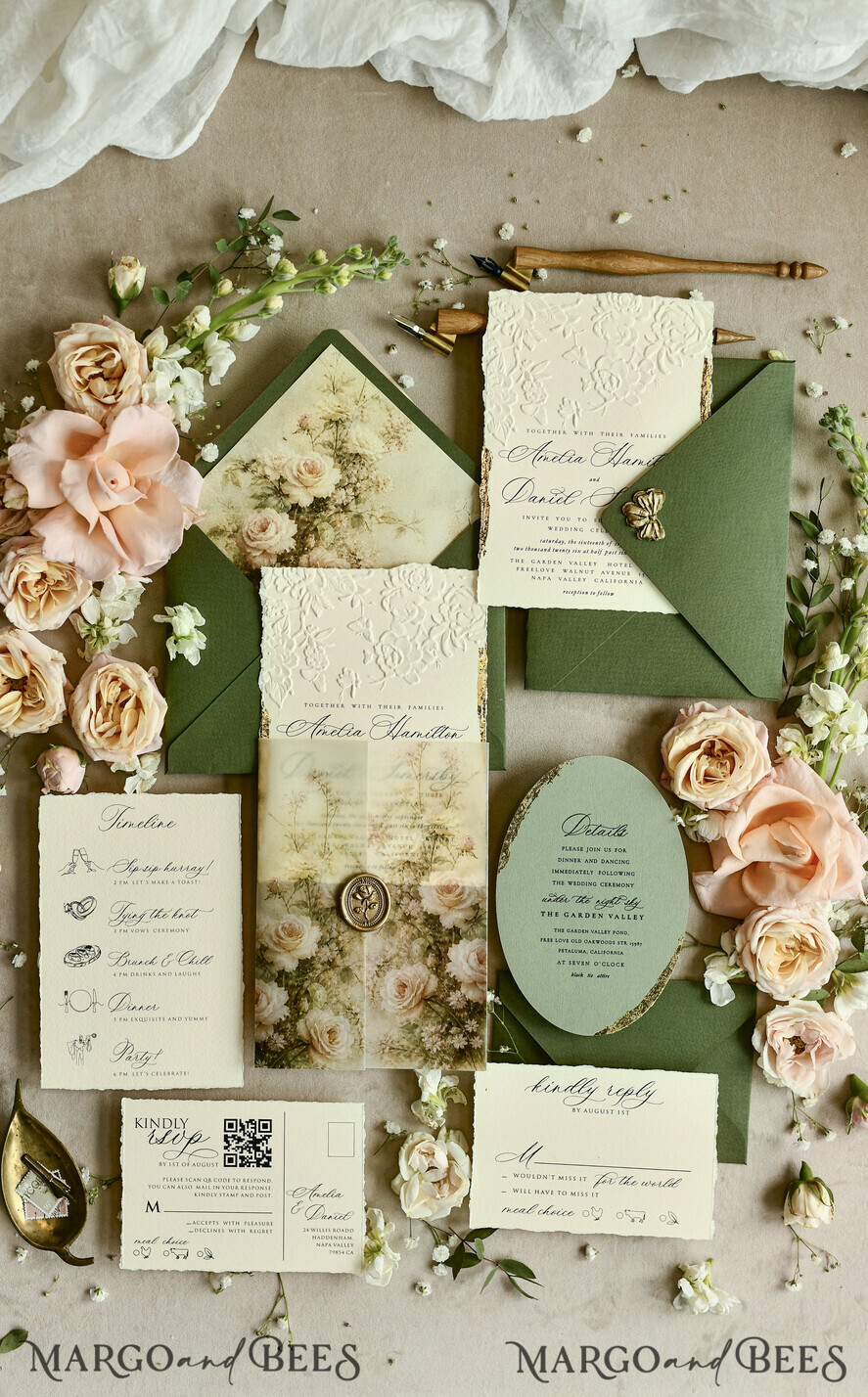 WEDDING INVITATIONS embossed invites  Wedding Invitation, Golden deboss Roses Floral Wedding Invitation, 