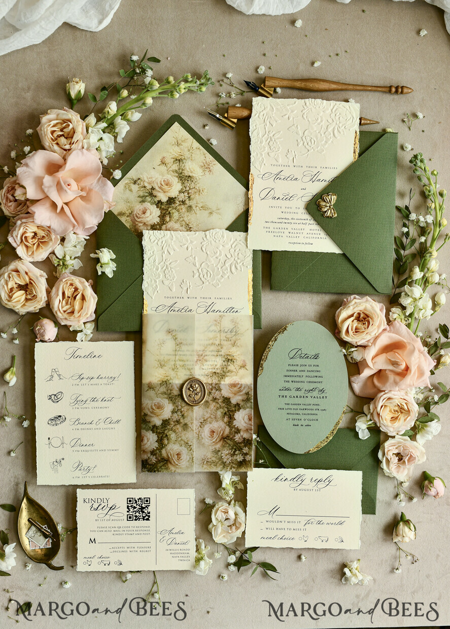 WEDDING INVITATIONS embossed invites  Wedding Invitation, Golden deboss Roses Floral Wedding Invitation, 