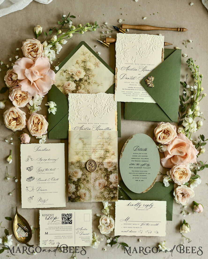 WEDDING INVITATIONS embossed invites  Wedding Invitation, Golden deboss Roses Floral Wedding Invitation, 