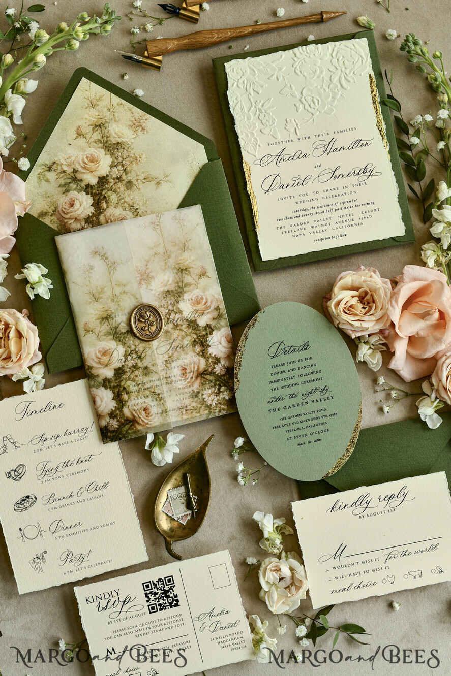 WEDDING INVITATIONS embossed invites  Wedding Invitation, Golden deboss Roses Floral Wedding Invitation, 