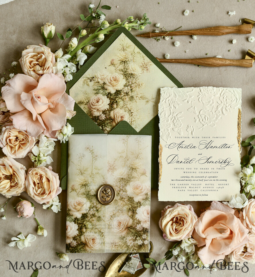 WEDDING INVITATIONS embossed invites  Wedding Invitation, Golden deboss Roses Floral Wedding Invitation, 