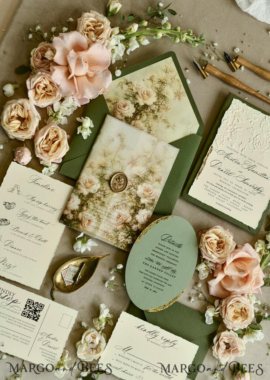WEDDING INVITATIONS embossed invites  Wedding Invitation, Golden deboss Roses Floral Wedding Invitation, 