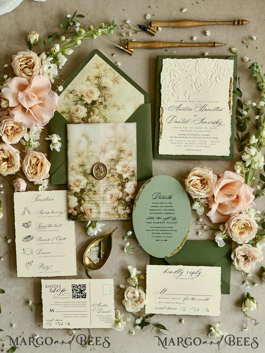 WEDDING INVITATIONS embossed invites  Wedding Invitation, Golden deboss Roses Floral Wedding Invitation, 