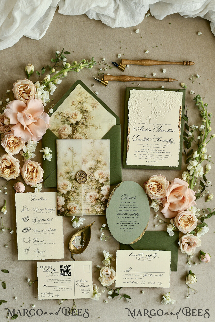 WEDDING INVITATIONS embossed invites  Wedding Invitation, Golden deboss Roses Floral Wedding Invitation, 