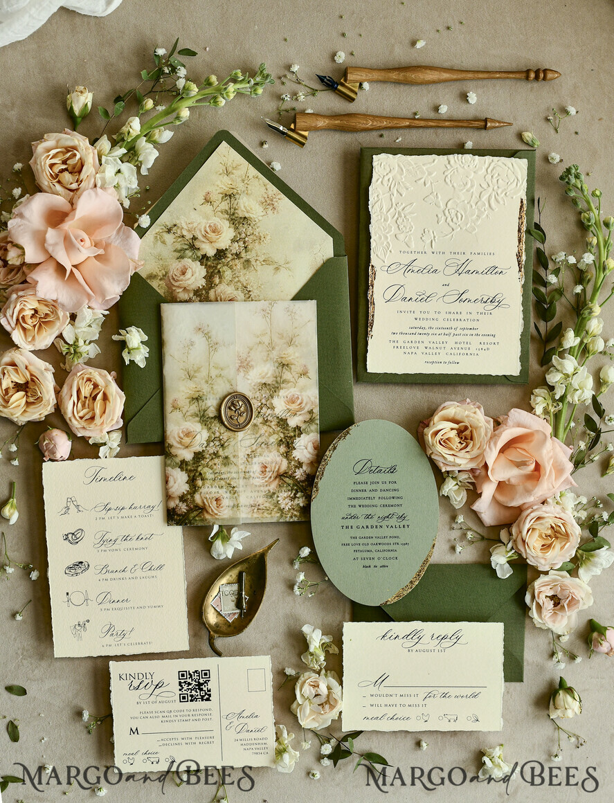 WEDDING INVITATIONS embossed invites  Wedding Invitation, Golden deboss Roses Floral Wedding Invitation, 
