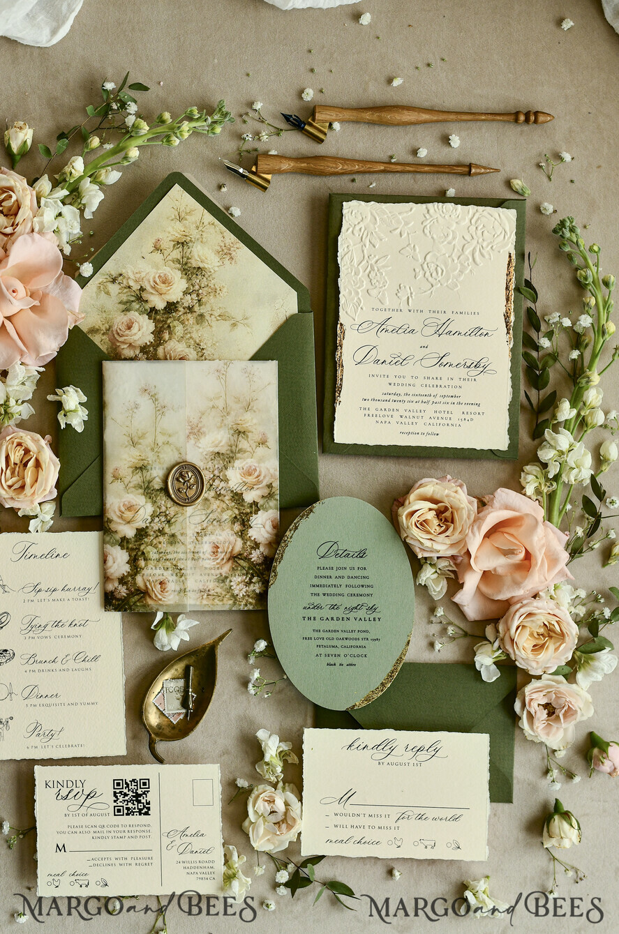 WEDDING INVITATIONS embossed invites  Wedding Invitation, Golden deboss Roses Floral Wedding Invitation, 