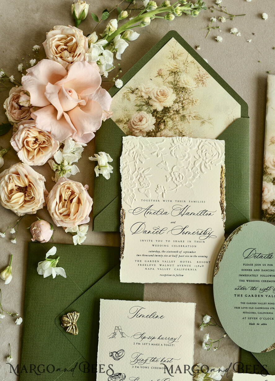 WEDDING INVITATIONS embossed invites  Wedding Invitation, Golden deboss Roses Floral Wedding Invitation, 