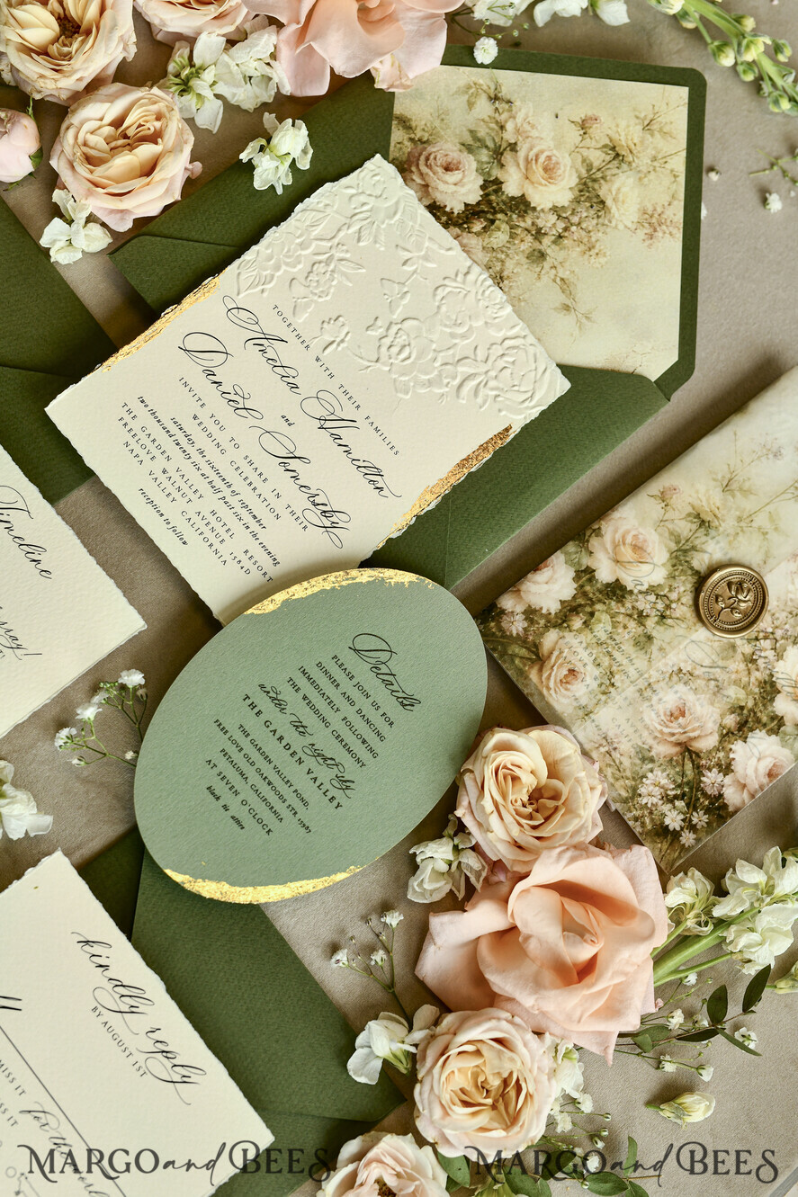 WEDDING INVITATIONS embossed invites  Wedding Invitation, Golden deboss Roses Floral Wedding Invitation, 