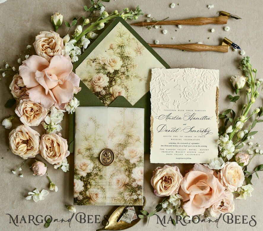 WEDDING INVITATIONS embossed invites  Wedding Invitation, Golden deboss Roses Floral Wedding Invitation, 