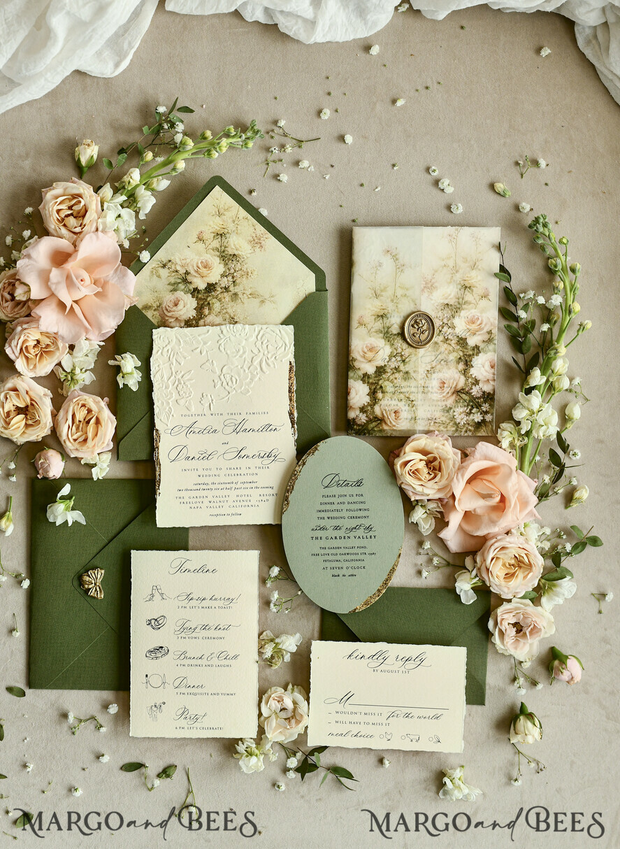 WEDDING INVITATIONS embossed invites  Wedding Invitation, Golden deboss Roses Floral Wedding Invitation, 