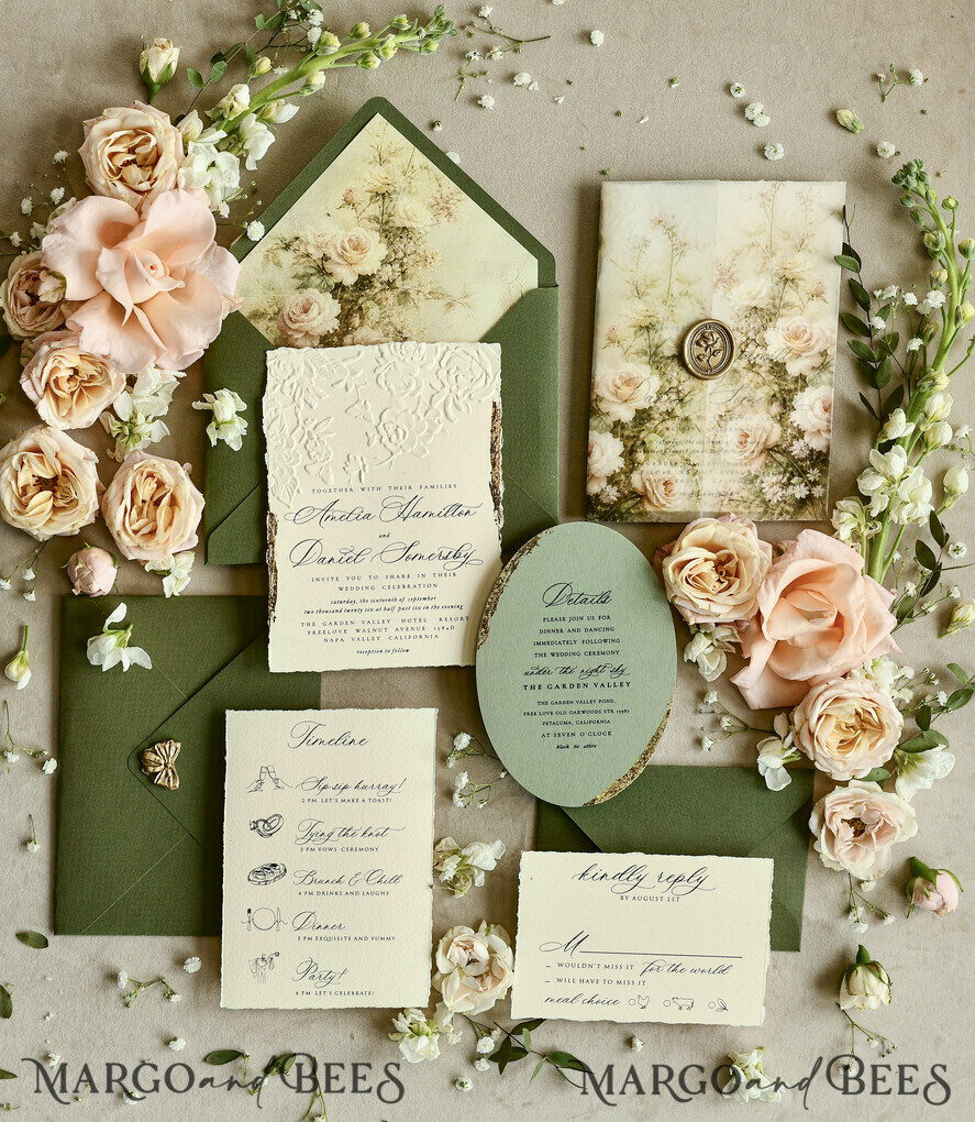 WEDDING INVITATIONS embossed invites  Wedding Invitation, Golden deboss Roses Floral Wedding Invitation, 