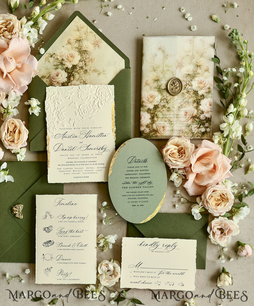 WEDDING INVITATIONS embossed invites  Wedding Invitation, Golden deboss Roses Floral Wedding Invitation, 