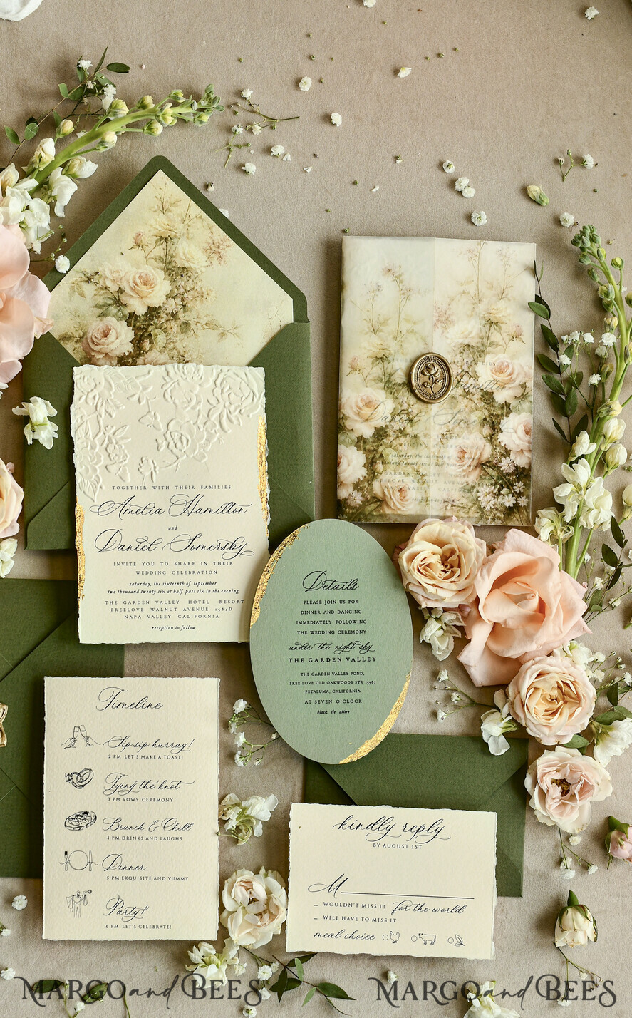 WEDDING INVITATIONS embossed invites  Wedding Invitation, Golden deboss Roses Floral Wedding Invitation, 