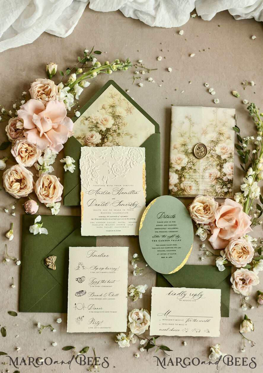 WEDDING INVITATIONS embossed invites  Wedding Invitation, Golden deboss Roses Floral Wedding Invitation, 