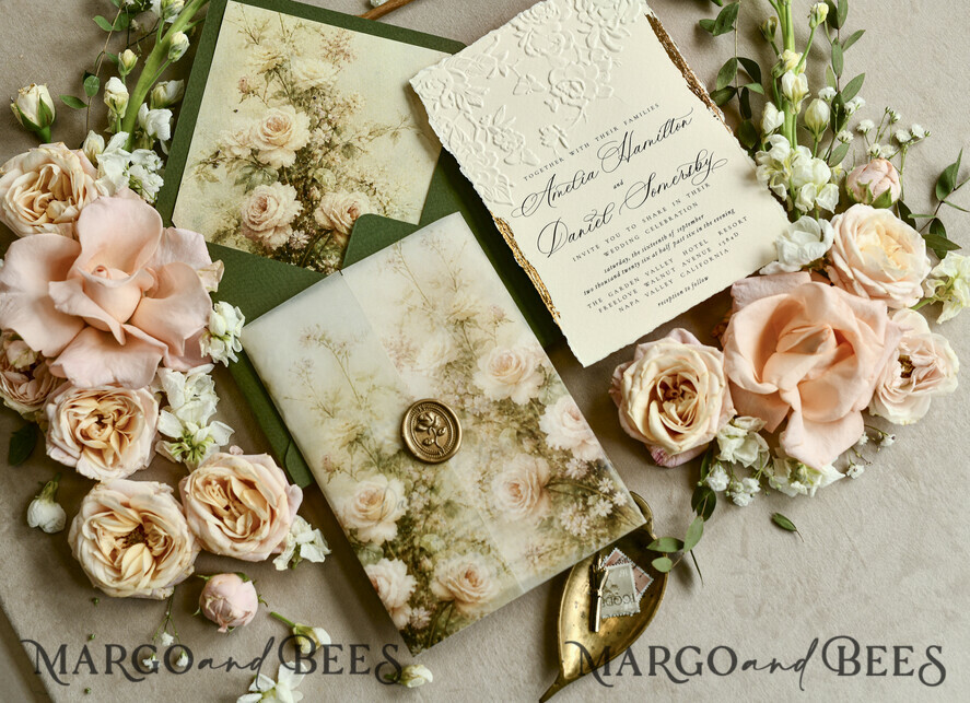 WEDDING INVITATIONS embossed invites  Wedding Invitation, Golden deboss Roses Floral Wedding Invitation, 