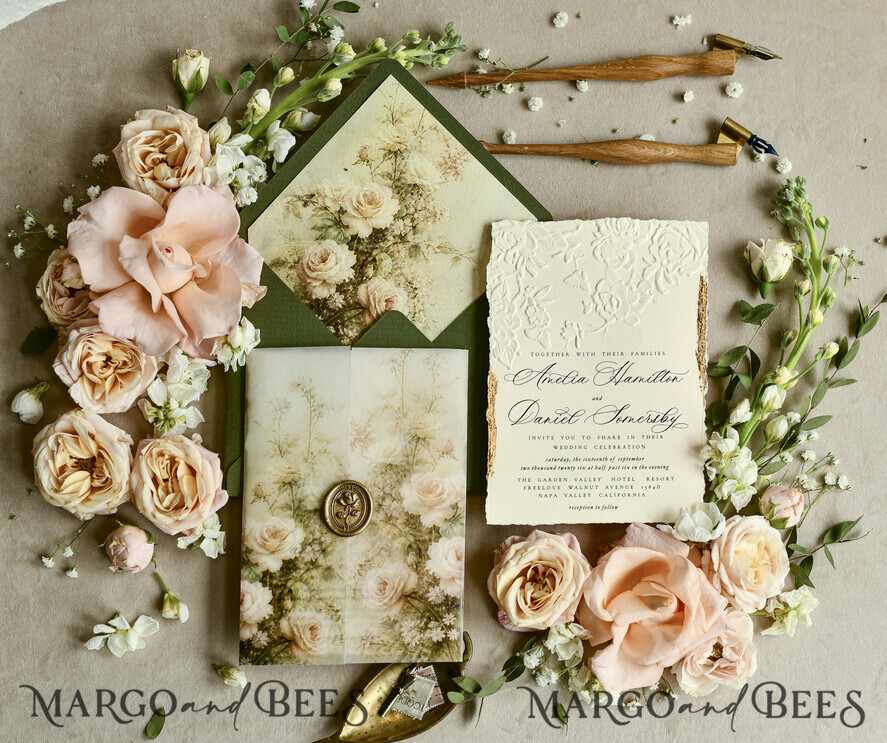 WEDDING INVITATIONS embossed invites  Wedding Invitation, Golden deboss Roses Floral Wedding Invitation, 