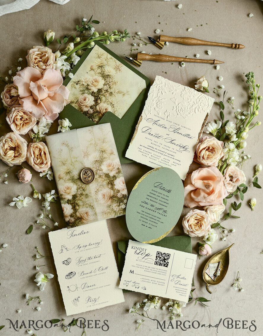 WEDDING INVITATIONS embossed invites  Wedding Invitation, Golden deboss Roses Floral Wedding Invitation, 