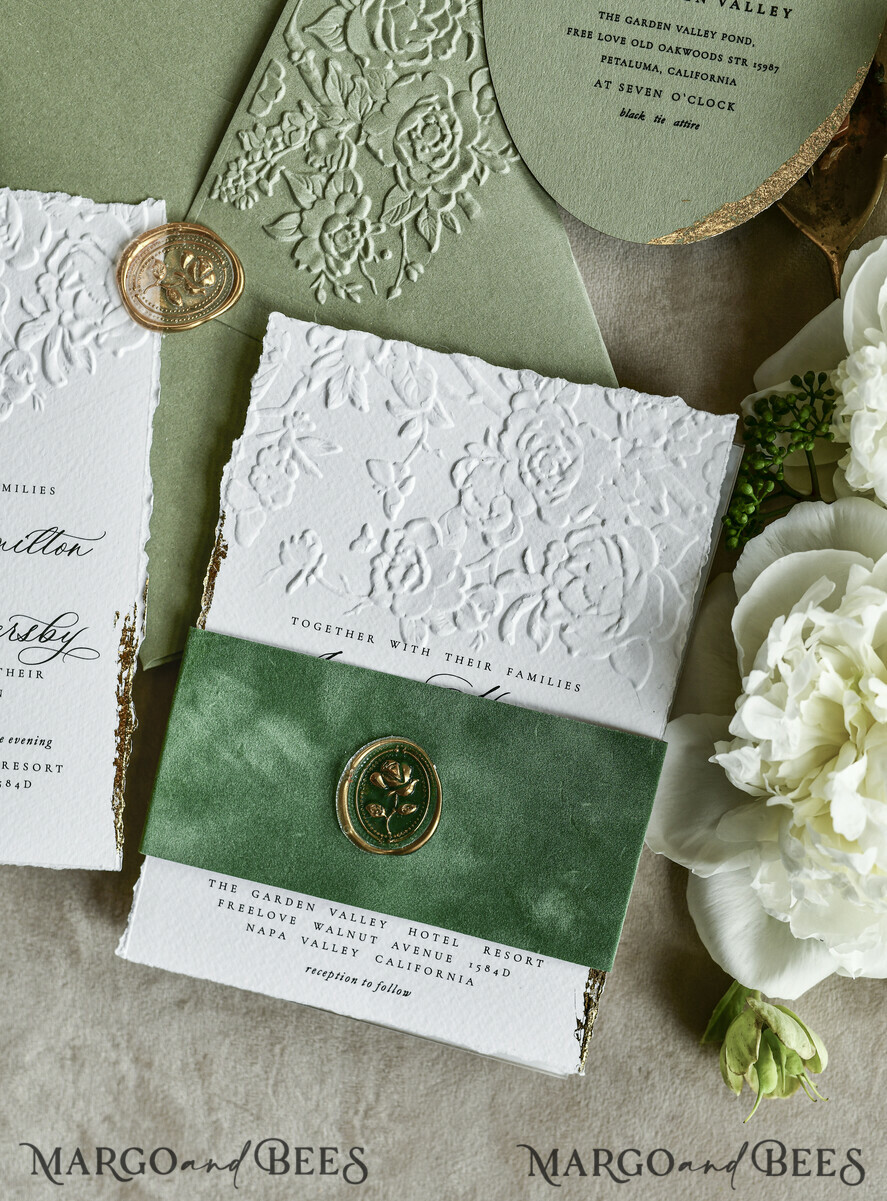 WEDDING INVITATIONS embossed invites  Bespoke Embossed Blind Sage green Gold Wedding Invitation, Golden greenery deboss Roses Floral Wedding Invitation, Boho Ecru Garden Debossed Invitation suite,  Cotton paper wedding invitation suite, Deckled Edge Invites, Torn Edge Wedding Invitations golden