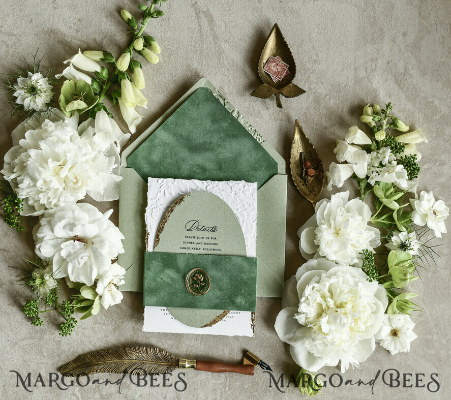 WEDDING INVITATIONS embossed invites  Bespoke Embossed Blind Sage green Gold Wedding Invitation, Golden greenery deboss Roses Floral Wedding Invitation, Boho Ecru Garden Debossed Invitation suite,  Cotton paper wedding invitation suite, Deckled Edge Invites, Torn Edge Wedding Invitations golden