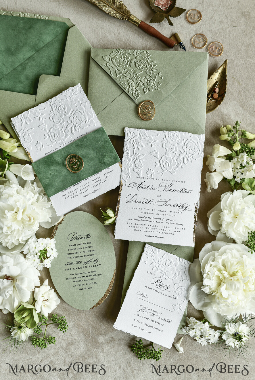 WEDDING INVITATIONS embossed invites  Bespoke Embossed Blind Sage green Gold Wedding Invitation, Golden greenery deboss Roses Floral Wedding Invitation, Boho Ecru Garden Debossed Invitation suite,  Cotton paper wedding invitation suite, Deckled Edge Invites, Torn Edge Wedding Invitations golden