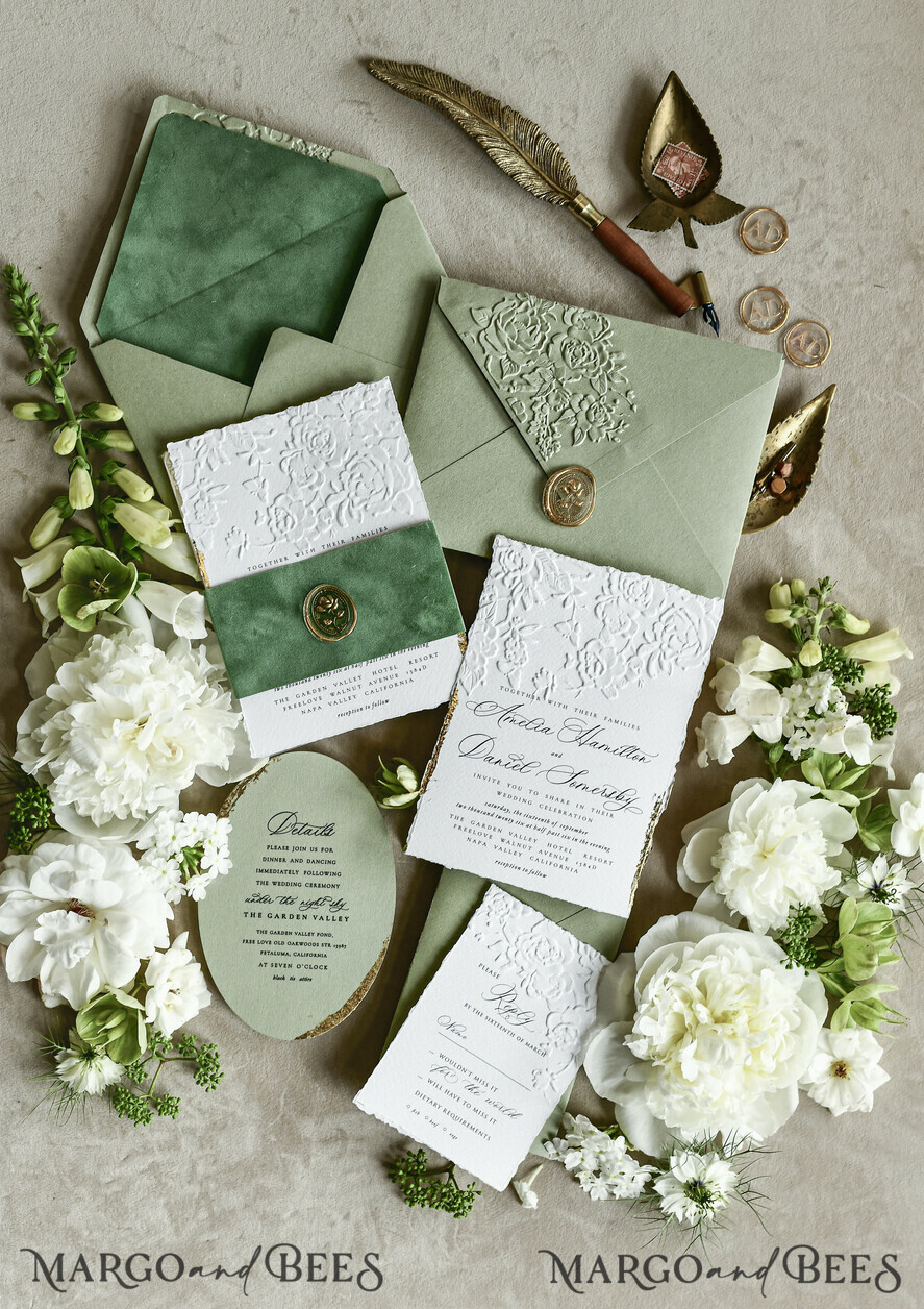 WEDDING INVITATIONS embossed invites  Bespoke Embossed Blind Sage green Gold Wedding Invitation, Golden greenery deboss Roses Floral Wedding Invitation, Boho Ecru Garden Debossed Invitation suite,  Cotton paper wedding invitation suite, Deckled Edge Invites, Torn Edge Wedding Invitations golden