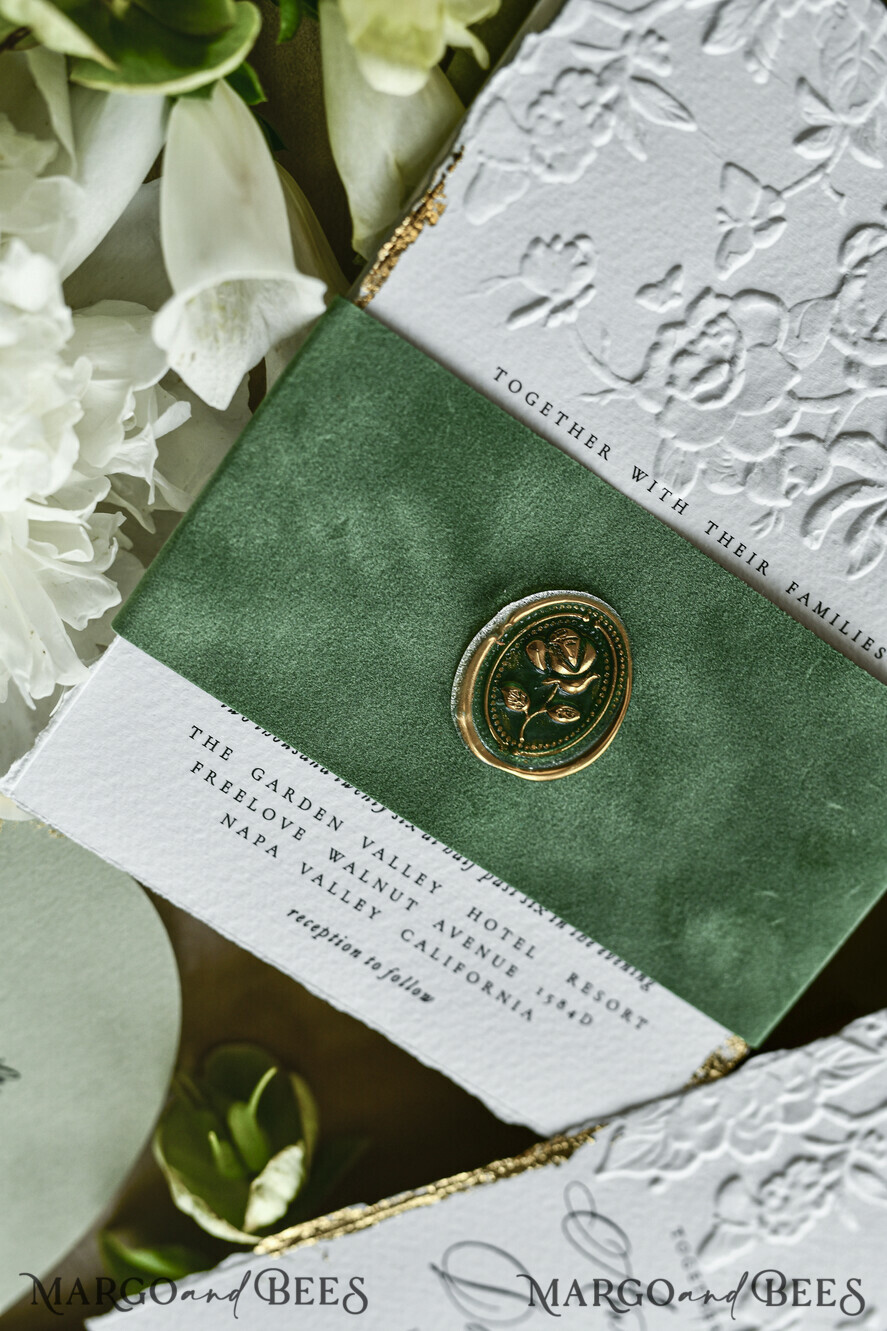 WEDDING INVITATIONS embossed invites  Bespoke Embossed Blind Sage green Gold Wedding Invitation, Golden greenery deboss Roses Floral Wedding Invitation, Boho Ecru Garden Debossed Invitation suite,  Cotton paper wedding invitation suite, Deckled Edge Invites, Torn Edge Wedding Invitations golden