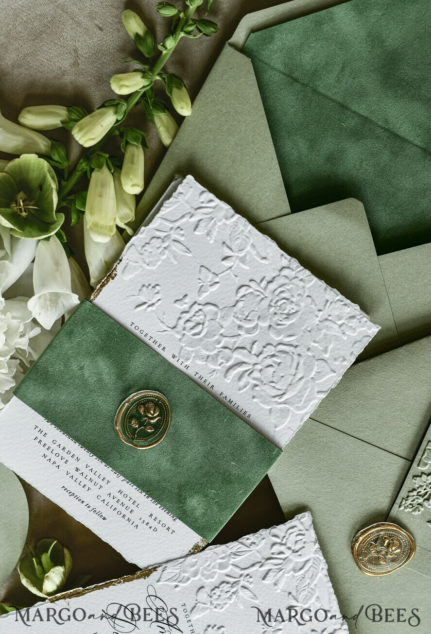 WEDDING INVITATIONS embossed invites  Bespoke Embossed Blind Sage green Gold Wedding Invitation, Golden greenery deboss Roses Floral Wedding Invitation, Boho Ecru Garden Debossed Invitation suite,  Cotton paper wedding invitation suite, Deckled Edge Invites, Torn Edge Wedding Invitations golden