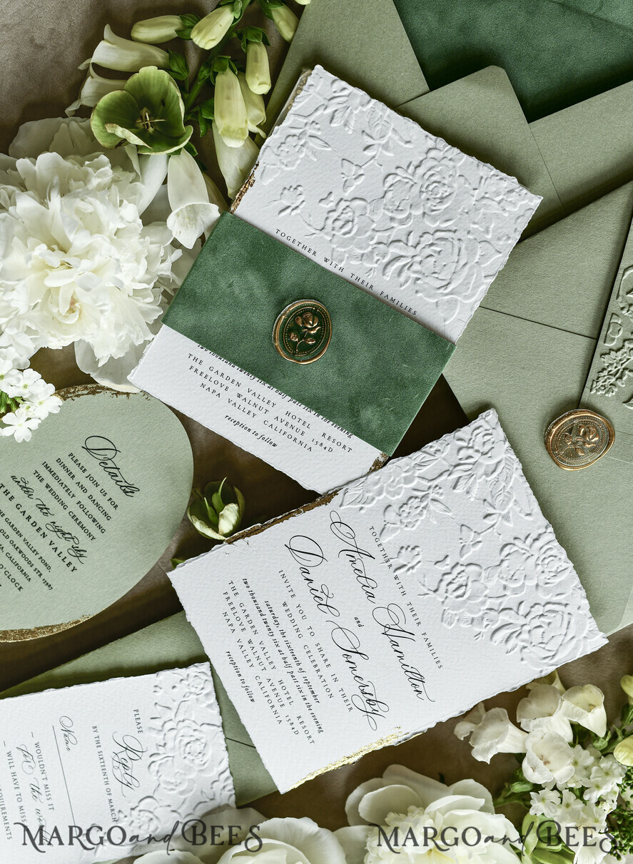 WEDDING INVITATIONS embossed invites  Bespoke Embossed Blind Sage green Gold Wedding Invitation, Golden greenery deboss Roses Floral Wedding Invitation, Boho Ecru Garden Debossed Invitation suite,  Cotton paper wedding invitation suite, Deckled Edge Invites, Torn Edge Wedding Invitations golden
