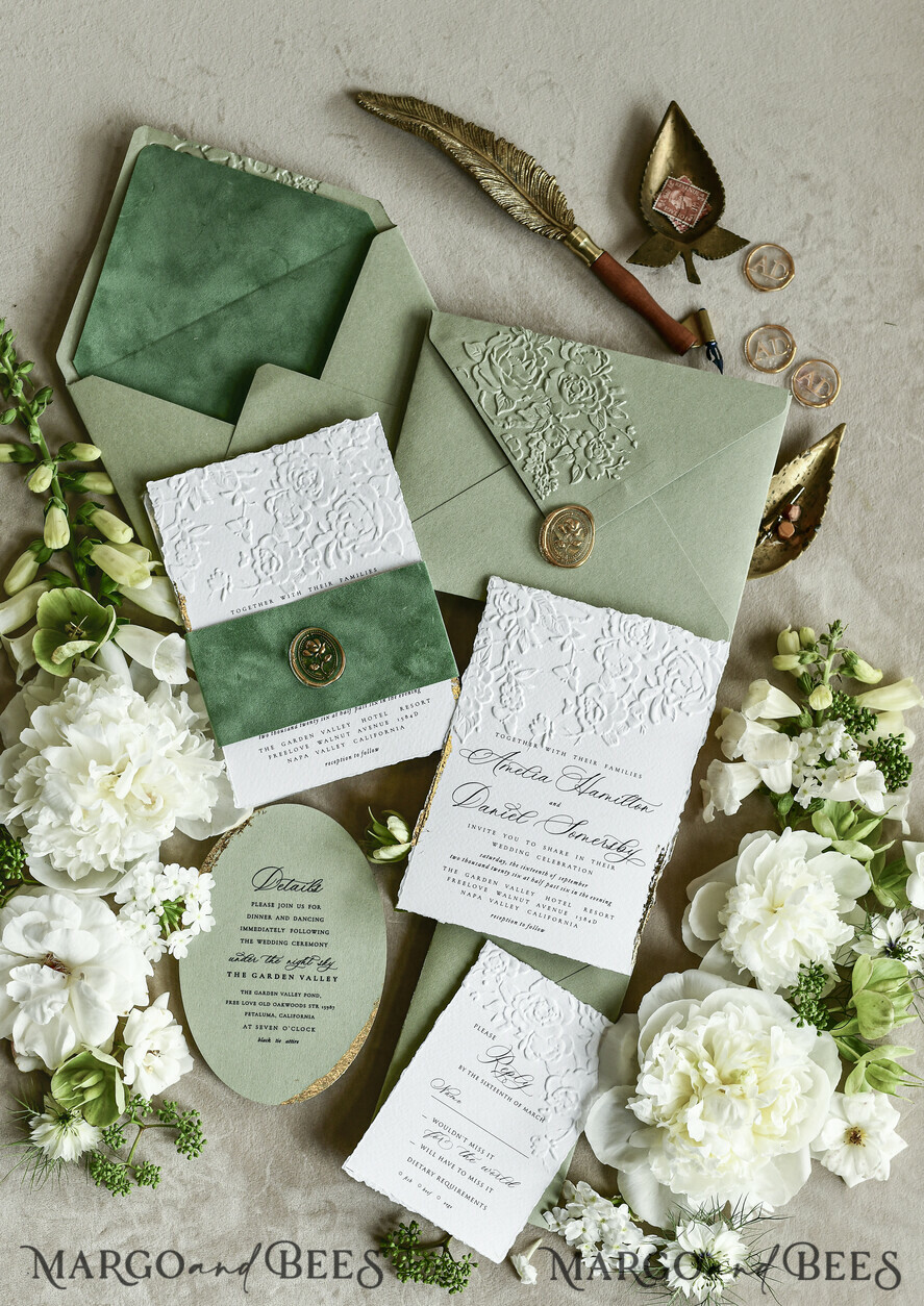 WEDDING INVITATIONS embossed invites  Bespoke Embossed Blind Sage green Gold Wedding Invitation, Golden greenery deboss Roses Floral Wedding Invitation, Boho Ecru Garden Debossed Invitation suite,  Cotton paper wedding invitation suite, Deckled Edge Invites, Torn Edge Wedding Invitations golden