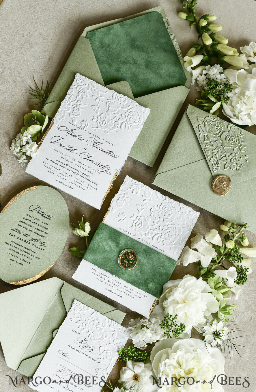 WEDDING INVITATIONS embossed invites  Bespoke Embossed Blind Sage green Gold Wedding Invitation, Golden greenery deboss Roses Floral Wedding Invitation, Boho Ecru Garden Debossed Invitation suite,  Cotton paper wedding invitation suite, Deckled Edge Invites, Torn Edge Wedding Invitations golden