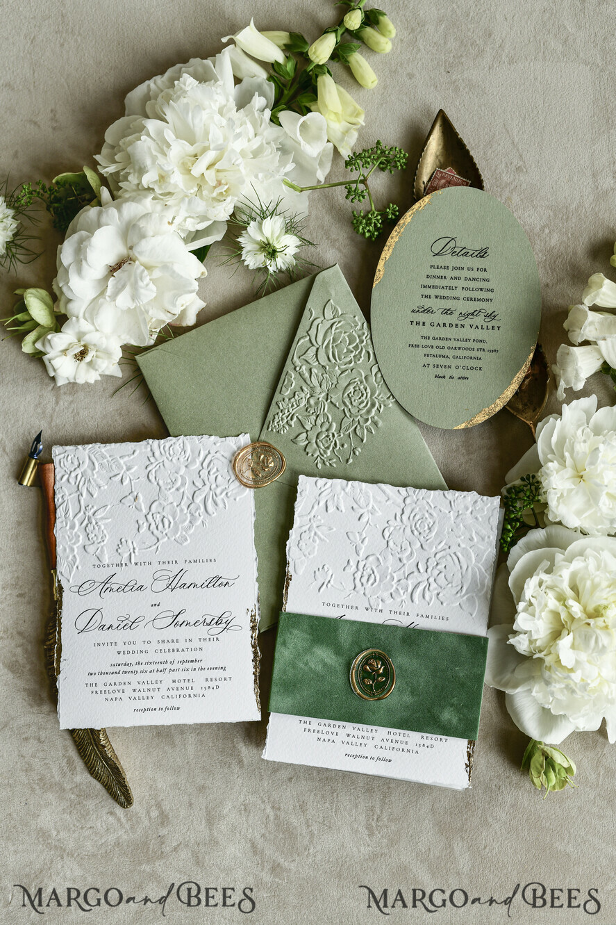 WEDDING INVITATIONS embossed invites  Bespoke Embossed Blind Sage green Gold Wedding Invitation, Golden greenery deboss Roses Floral Wedding Invitation, Boho Ecru Garden Debossed Invitation suite,  Cotton paper wedding invitation suite, Deckled Edge Invites, Torn Edge Wedding Invitations golden