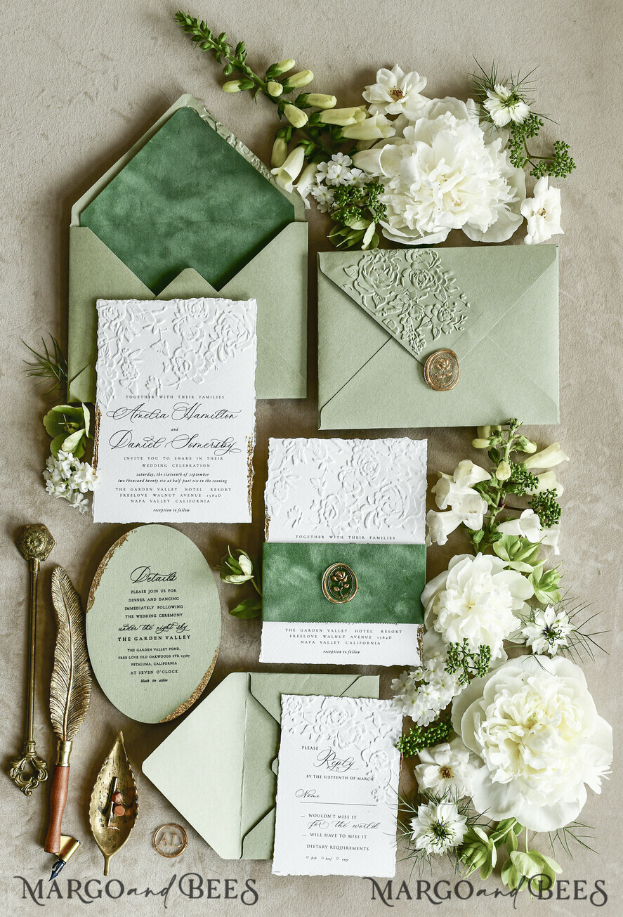 WEDDING INVITATIONS embossed invites  Bespoke Embossed Blind Sage green Gold Wedding Invitation, Golden greenery deboss Roses Floral Wedding Invitation, Boho Ecru Garden Debossed Invitation suite,  Cotton paper wedding invitation suite, Deckled Edge Invites, Torn Edge Wedding Invitations golden