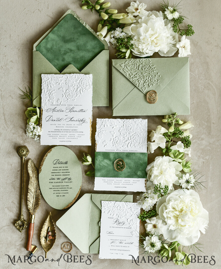 WEDDING INVITATIONS embossed invites  Bespoke Embossed Blind Sage green Gold Wedding Invitation, Golden greenery deboss Roses Floral Wedding Invitation, Boho Ecru Garden Debossed Invitation suite,  Cotton paper wedding invitation suite, Deckled Edge Invites, Torn Edge Wedding Invitations golden