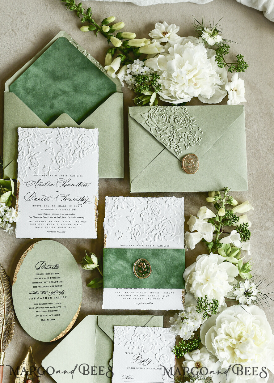 WEDDING INVITATIONS embossed invites  Bespoke Embossed Blind Sage green Gold Wedding Invitation, Golden greenery deboss Roses Floral Wedding Invitation, Boho Ecru Garden Debossed Invitation suite,  Cotton paper wedding invitation suite, Deckled Edge Invites, Torn Edge Wedding Invitations golden